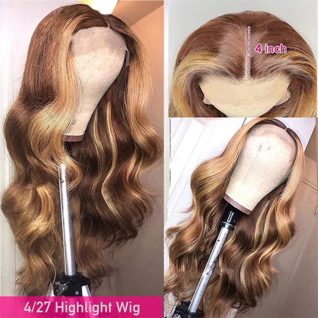 Colored Human Hair Wigs for Women Highlight Body Wave Lace Front Wigs Human Hair Pre Plucked 150% Density P4/27 16Inch - 16" - Bella Bourget