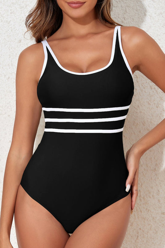 Contrast Trim Scoop Neck One - Piece Swimwear - One - Piece Swimsuit - Black - Bella Bourget