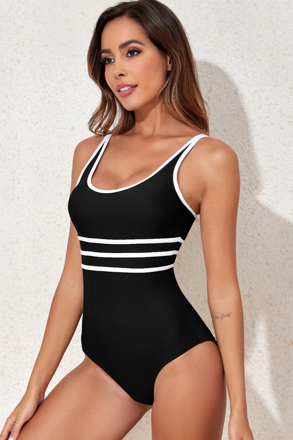 Contrast Trim Scoop Neck One - Piece Swimwear - One - Piece Swimsuit - Black - Bella Bourget