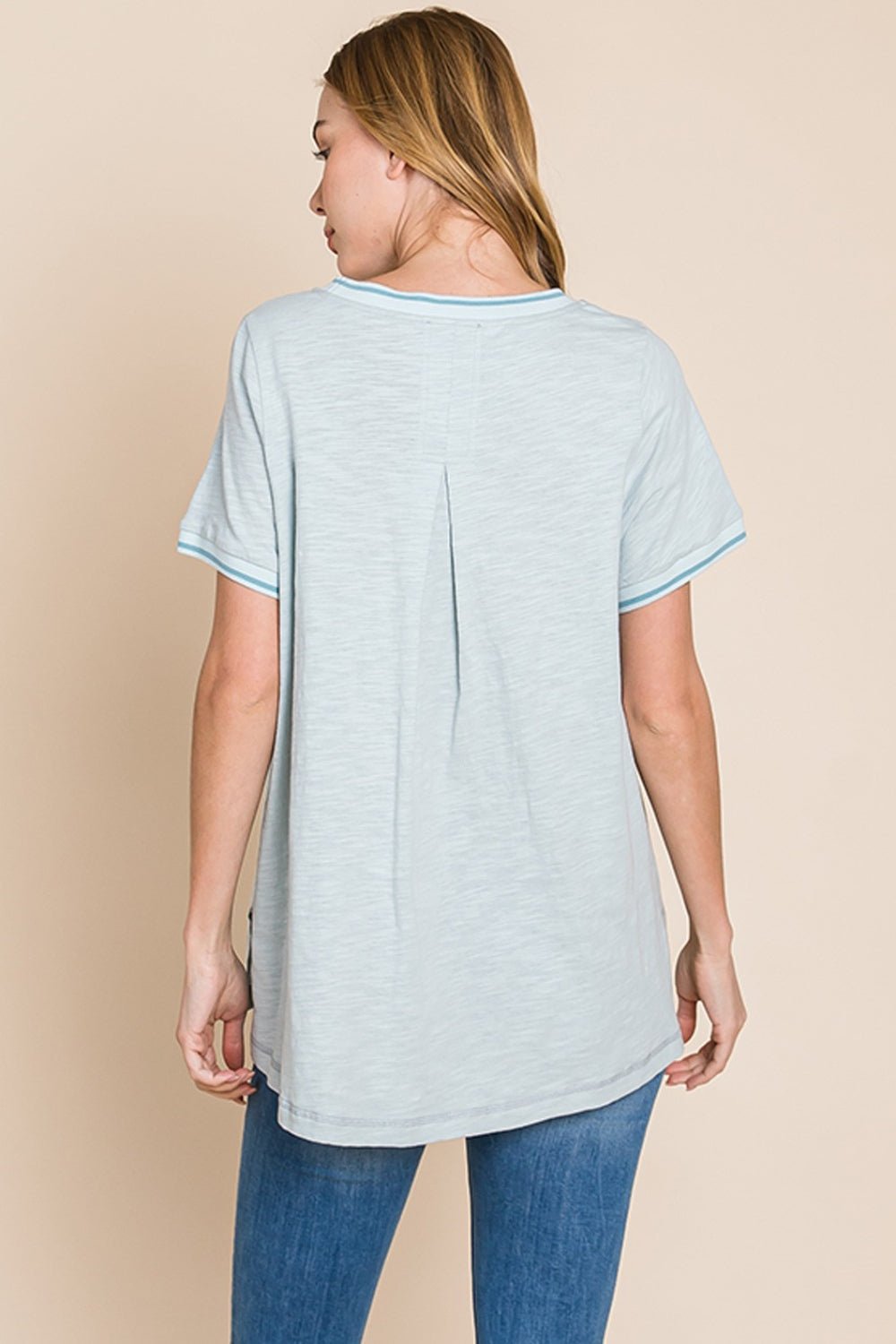 Cotton Bleu by Nu Lab Contrast Trim Short Sleeve Slit T - Shirt - Top - Seafoam - Bella Bourget