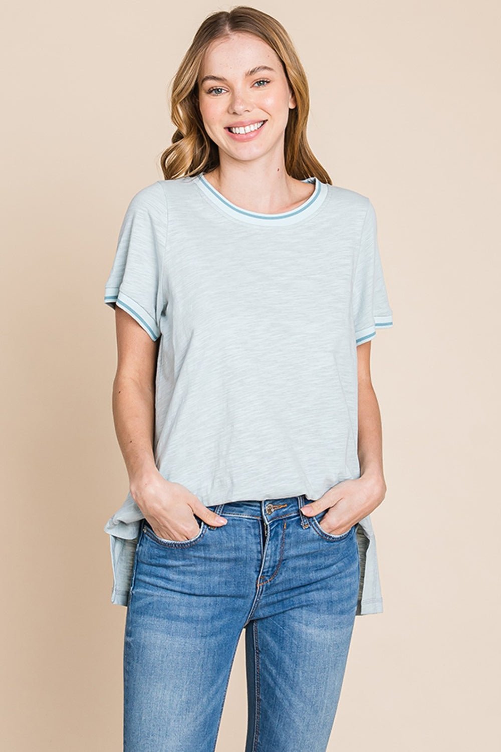 Cotton Bleu by Nu Lab Contrast Trim Short Sleeve Slit T - Shirt - Top - Seafoam - Bella Bourget