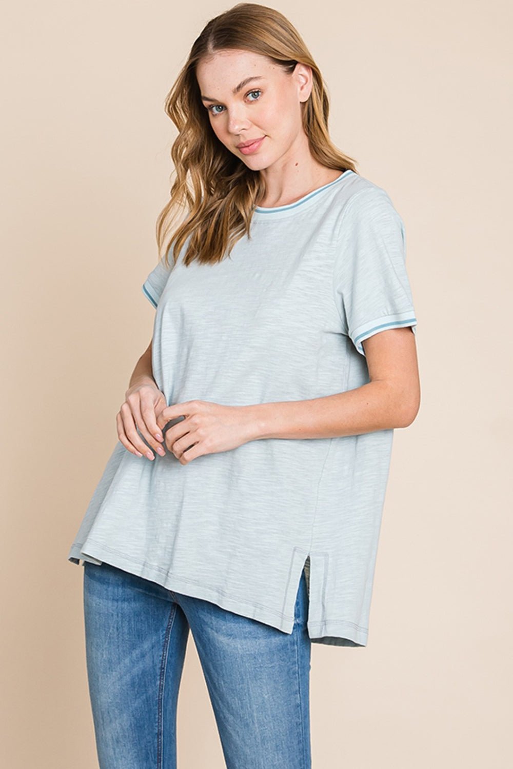 Cotton Bleu by Nu Lab Contrast Trim Short Sleeve Slit T - Shirt - Top - Seafoam - Bella Bourget