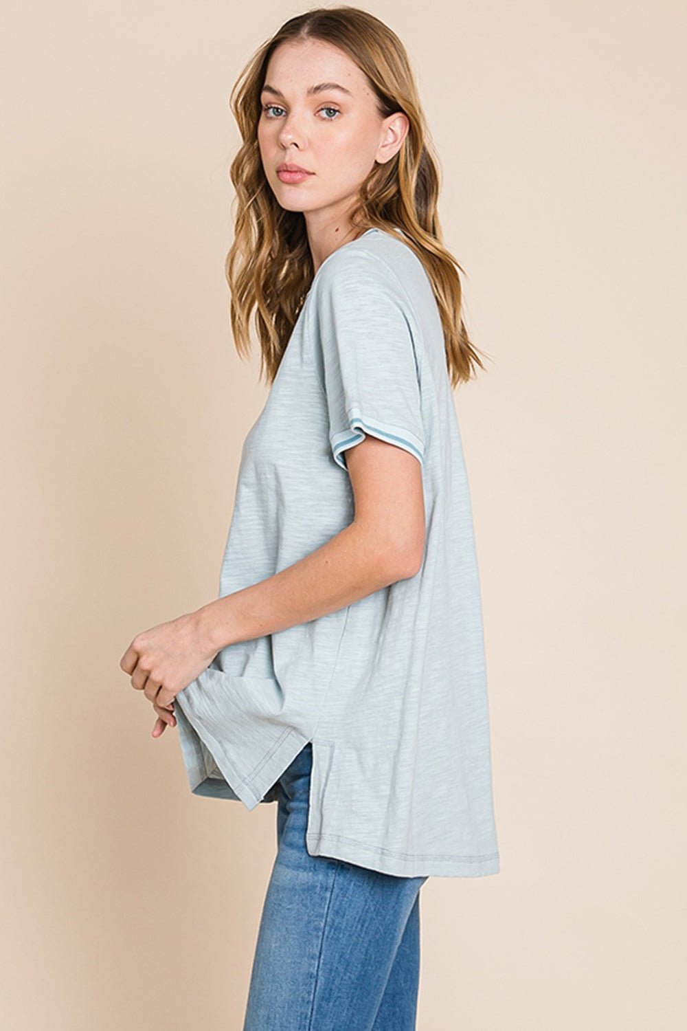 Cotton Bleu by Nu Lab Contrast Trim Short Sleeve Slit T - Shirt - Top - Seafoam - Bella Bourget