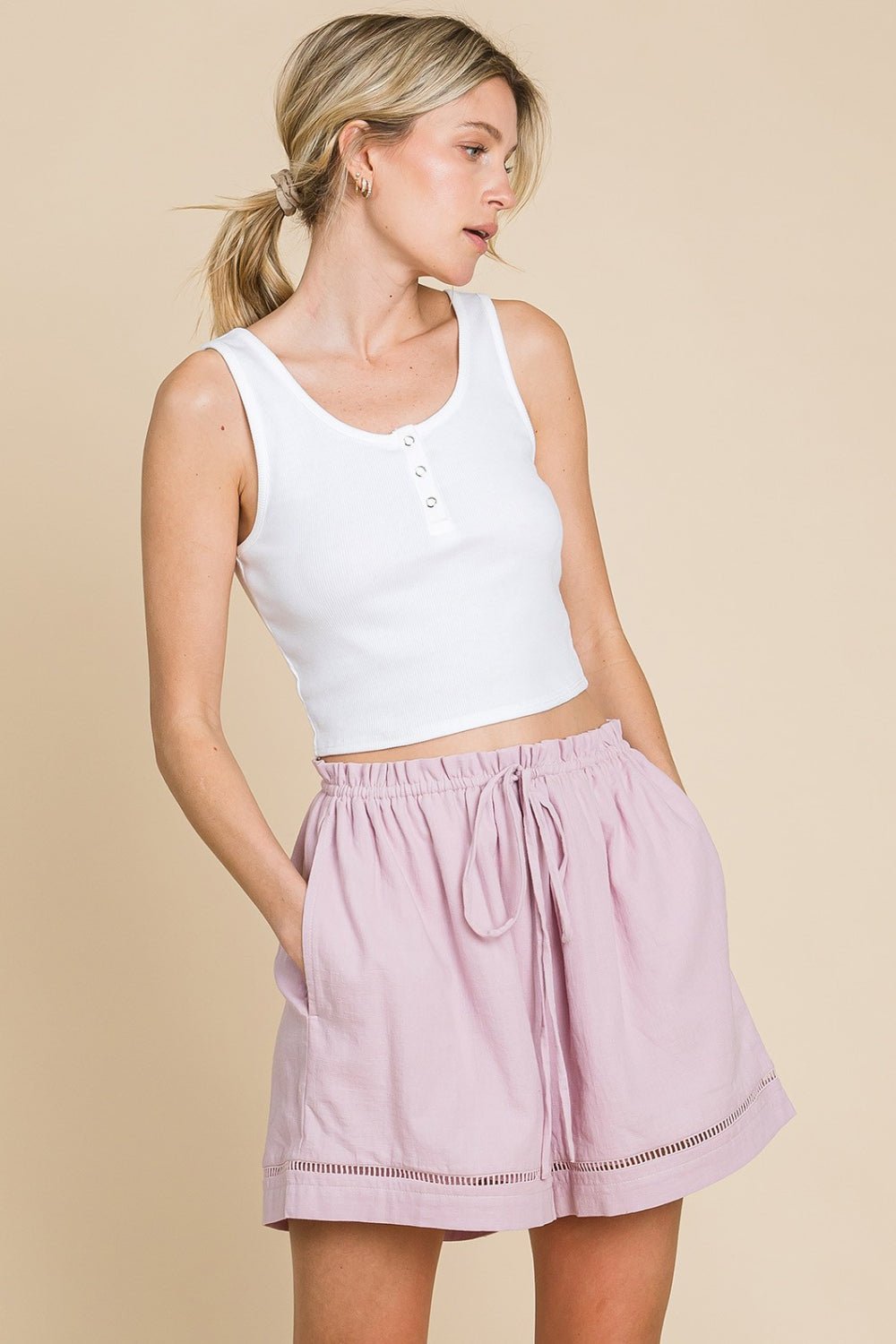 Cotton Bleu by Nu Lab High Waist Drawstring Shorts - Shorts - Mauve - Bella Bourget