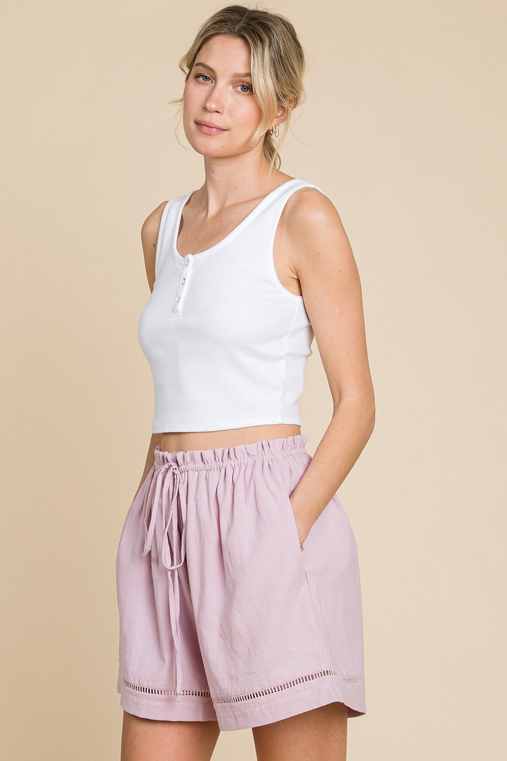 Cotton Bleu by Nu Lab High Waist Drawstring Shorts - Shorts - Mauve - Bella Bourget