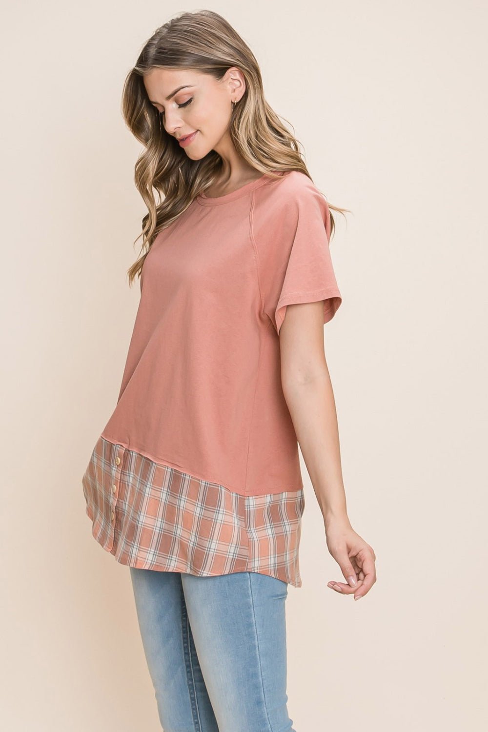 Cotton Bleu by Nu Lab Plaid Contrast Short Sleeve T - Shirt - Top - Marsala - Bella Bourget