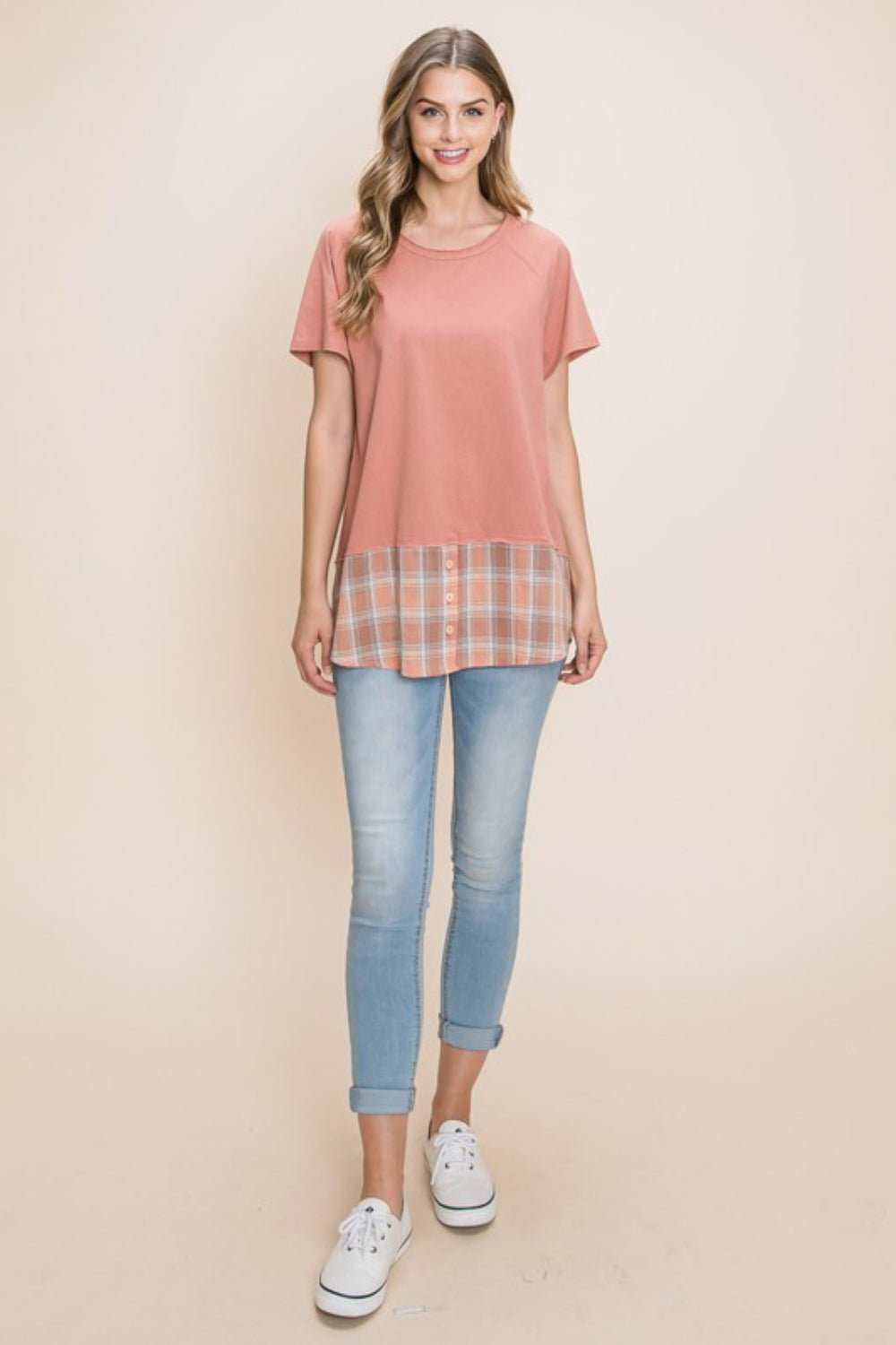 Cotton Bleu by Nu Lab Plaid Contrast Short Sleeve T - Shirt - Top - Marsala - Bella Bourget