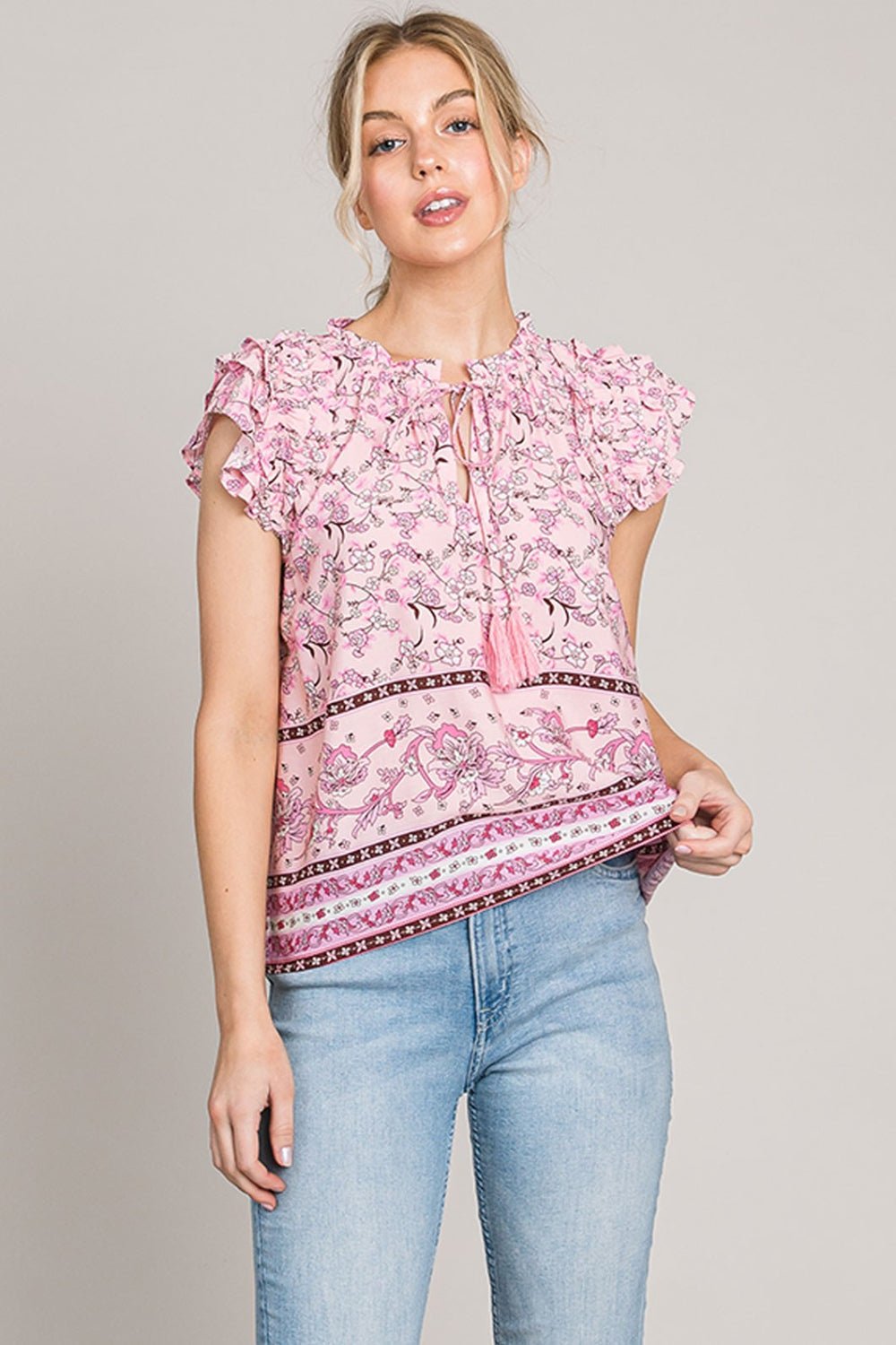 Cotton Bleu by Nu Lab Print Ruffle Sleeve Detail Blouse - Top - Pink - Bella Bourget