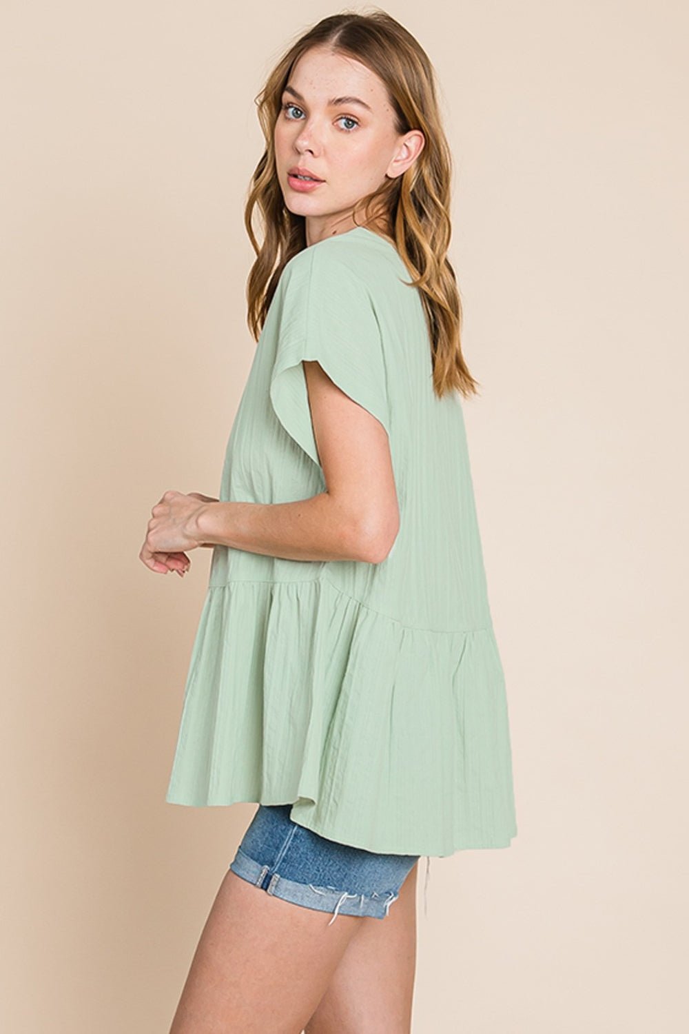 Cotton Bleu by Nu Lab Ruched Notched Short Sleeve Blouse - Top - Sage - Bella Bourget