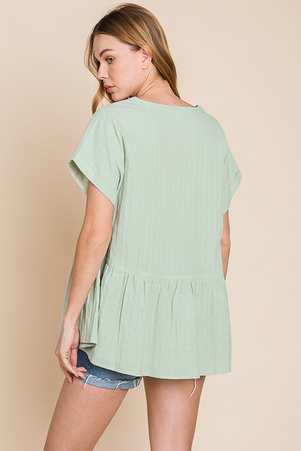 Cotton Bleu by Nu Lab Ruched Notched Short Sleeve Blouse - Top - Sage - Bella Bourget