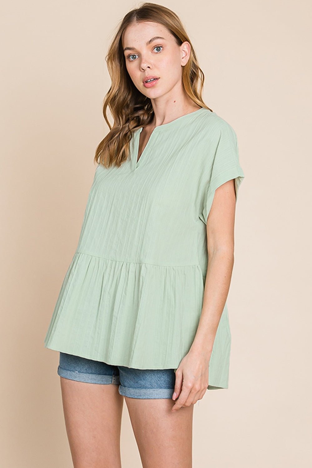 Cotton Bleu by Nu Lab Ruched Notched Short Sleeve Blouse - Top - Sage - Bella Bourget