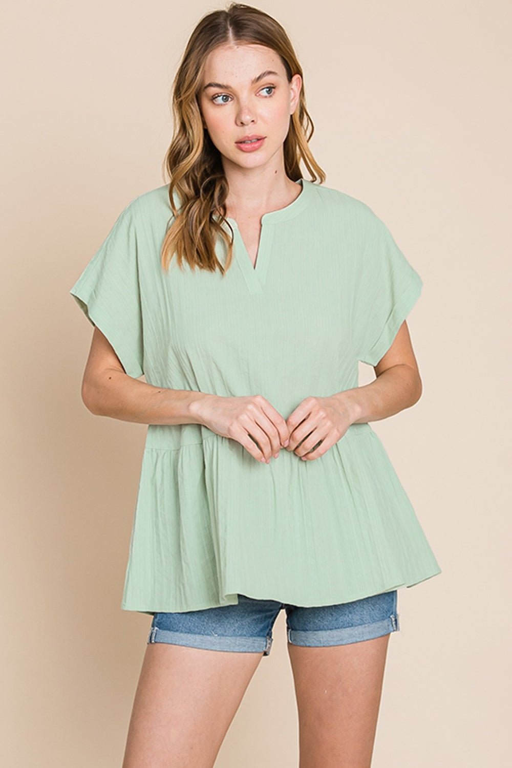 Cotton Bleu by Nu Lab Ruched Notched Short Sleeve Blouse - Top - Sage - Bella Bourget