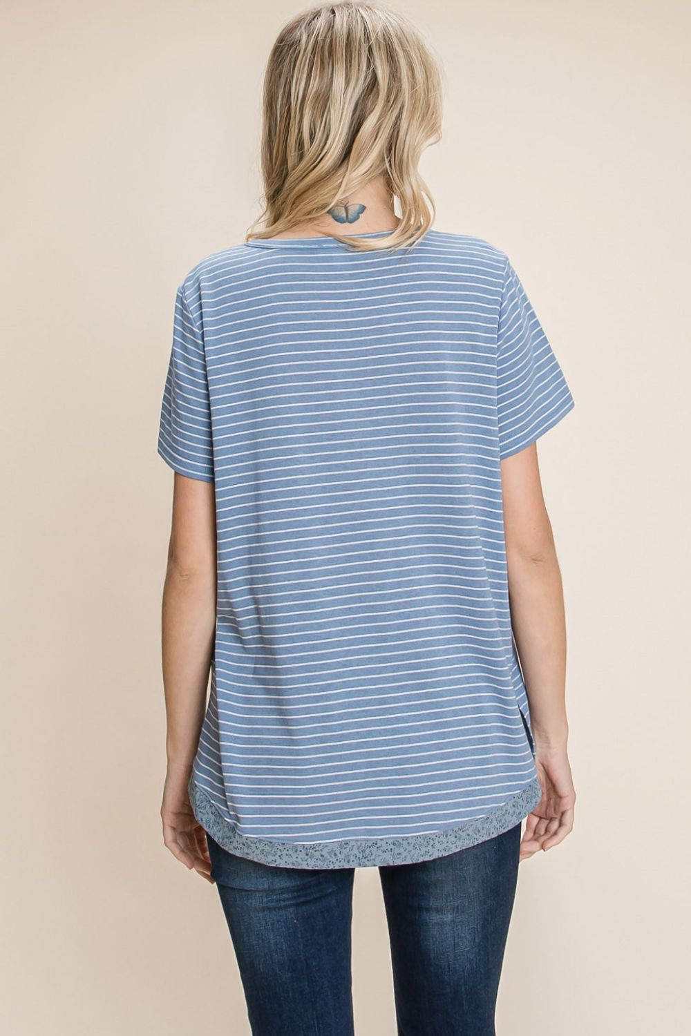 Cotton Bleu by Nu Lab Slit Striped Notched Short Sleeve T - Shirt - Top - Denim - Bella Bourget