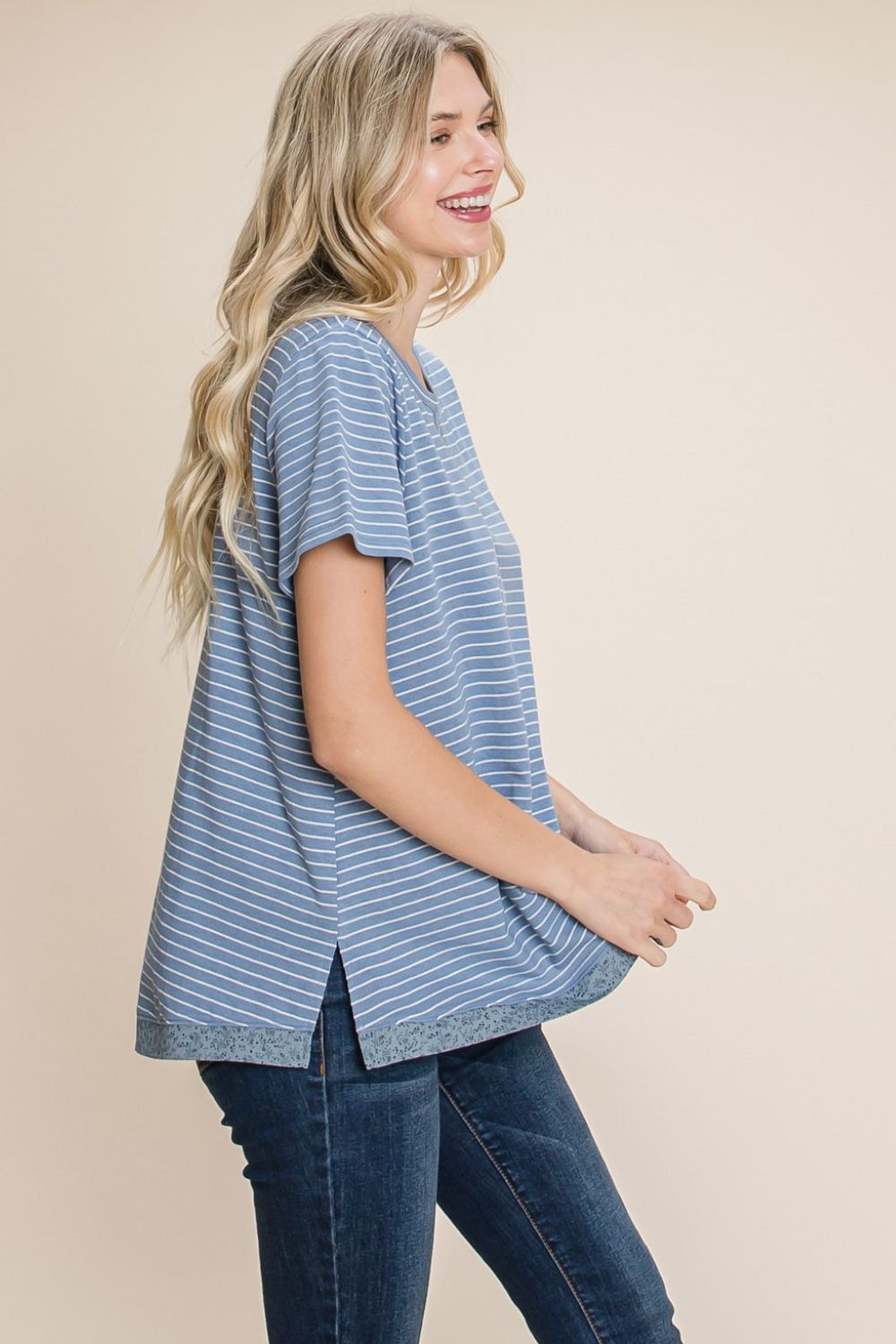 Cotton Bleu by Nu Lab Slit Striped Notched Short Sleeve T - Shirt - Top - Denim - Bella Bourget