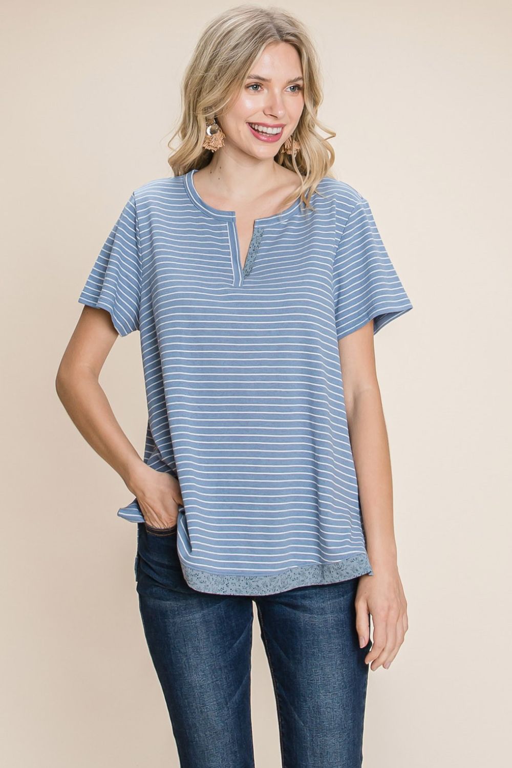 Cotton Bleu by Nu Lab Slit Striped Notched Short Sleeve T - Shirt - Top - Denim - Bella Bourget