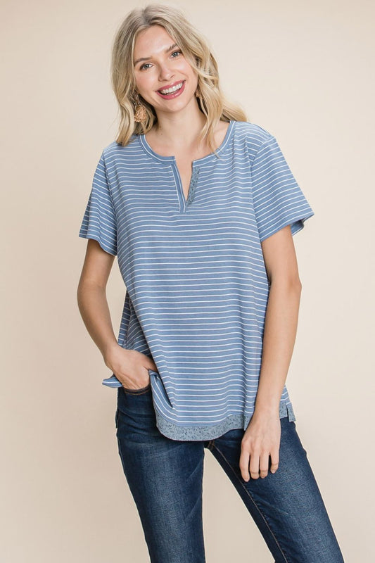 Cotton Bleu by Nu Lab Slit Striped Notched Short Sleeve T - Shirt - Top - Denim - Bella Bourget