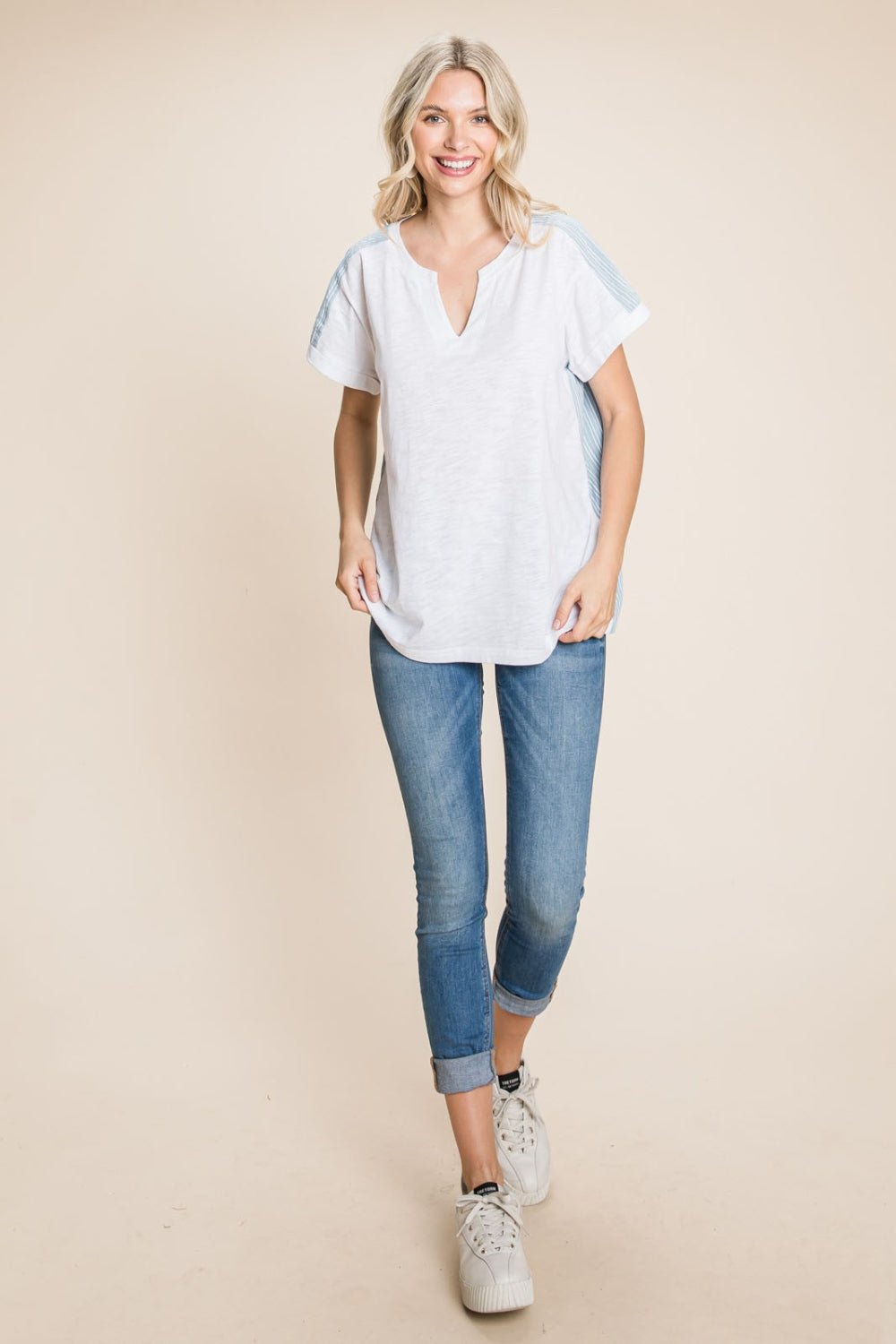 Cotton Bleu by Nu Lab Striped Contrast Short Sleeve T - Shirt - Top - Denim - Bella Bourget