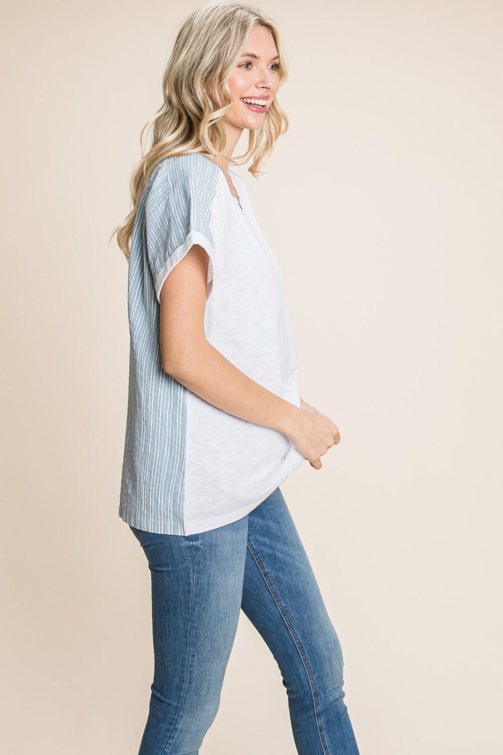 Cotton Bleu by Nu Lab Striped Contrast Short Sleeve T - Shirt - Top - Denim - Bella Bourget