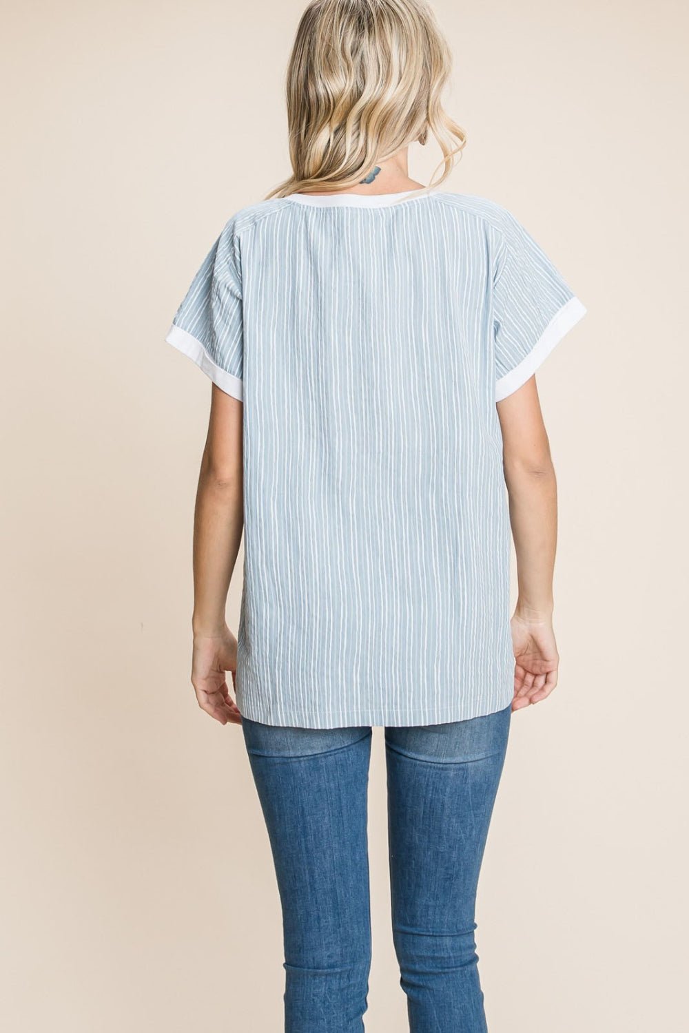 Cotton Bleu by Nu Lab Striped Contrast Short Sleeve T - Shirt - Top - Denim - Bella Bourget