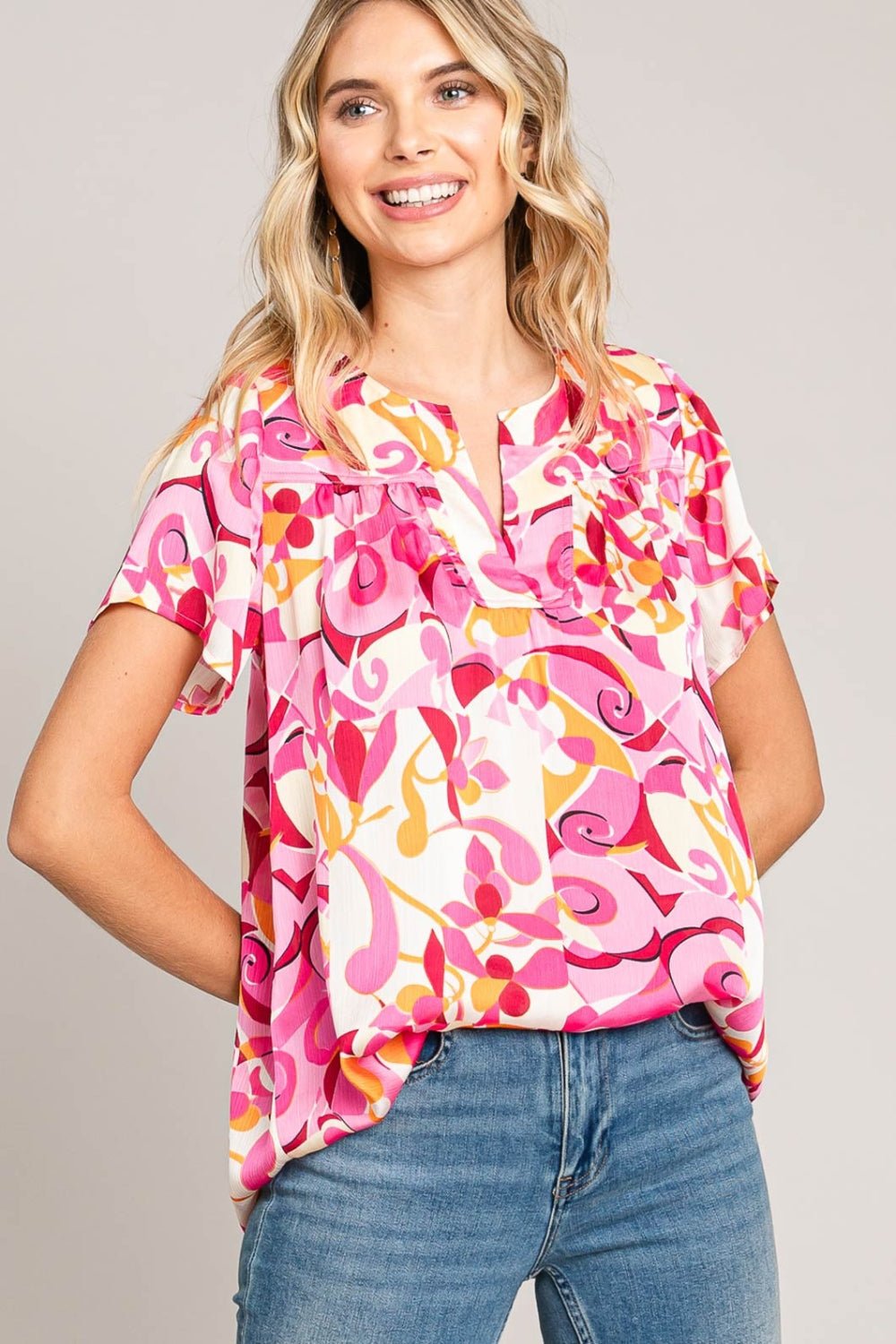 Cotton Bleu by Nu Label Abstract Print Short Sleeve Top - Top - Pink - Bella Bourget