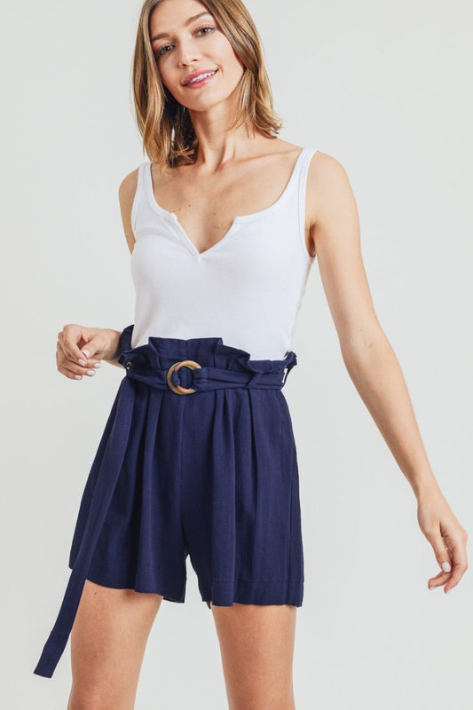 Cotton Bleu by Nu Label Buckle Belt Cotton Linen Shorts - Shorts - Navy - Bella Bourget