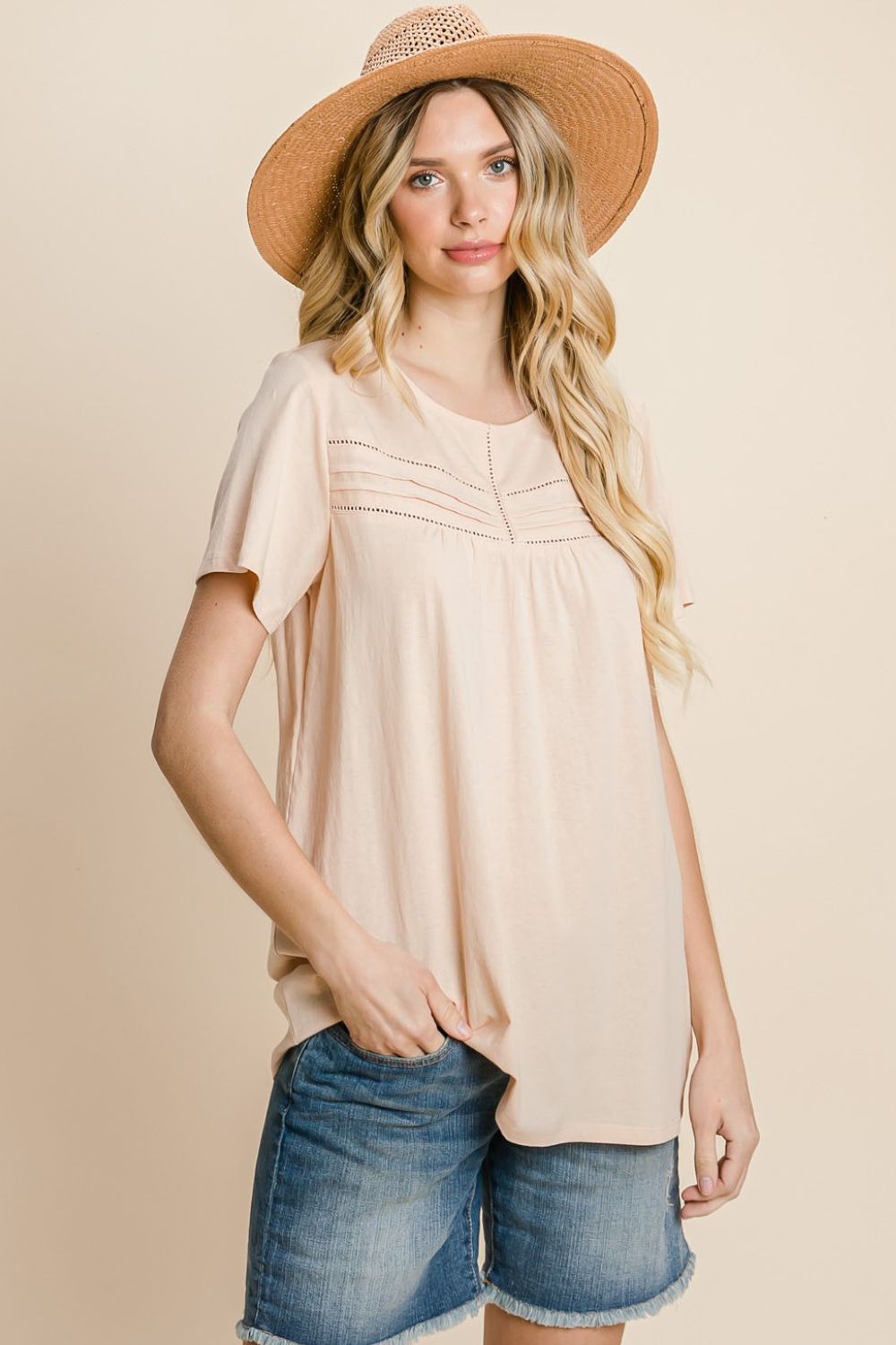 Cotton Bleu by Nu Label Eyelet Round Neck Short Sleeve T - Shirt - Top - Peach - Bella Bourget