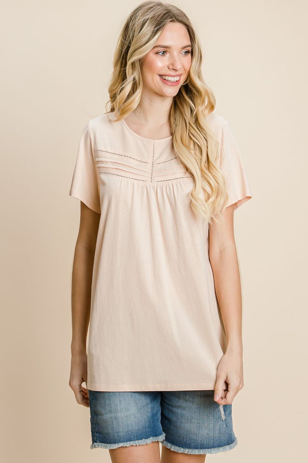 Cotton Bleu by Nu Label Eyelet Round Neck Short Sleeve T - Shirt - Top - Peach - Bella Bourget