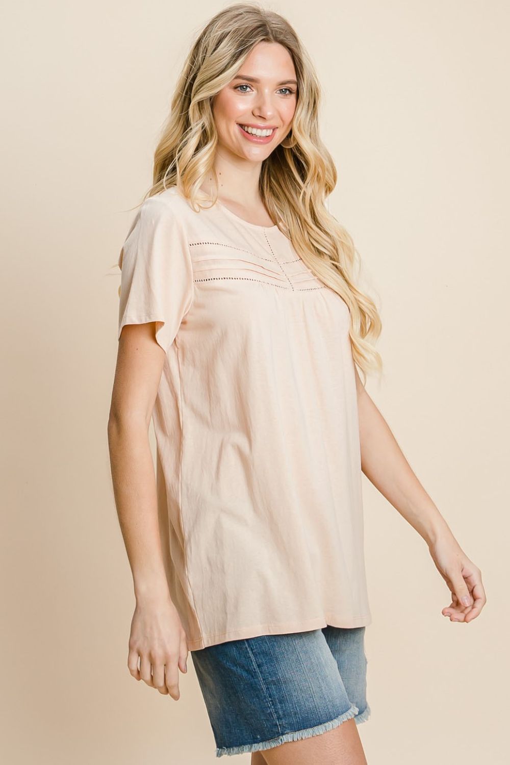 Cotton Bleu by Nu Label Eyelet Round Neck Short Sleeve T - Shirt - Top - Peach - Bella Bourget