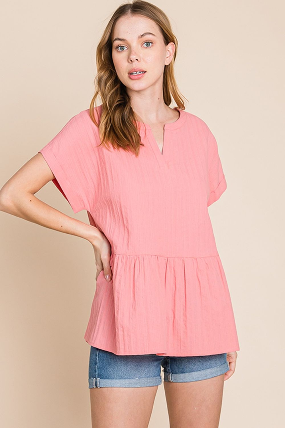 Cotton Bleu by Nu Label Notched Short Sleeve Peplum Top - Top - Coral - Bella Bourget