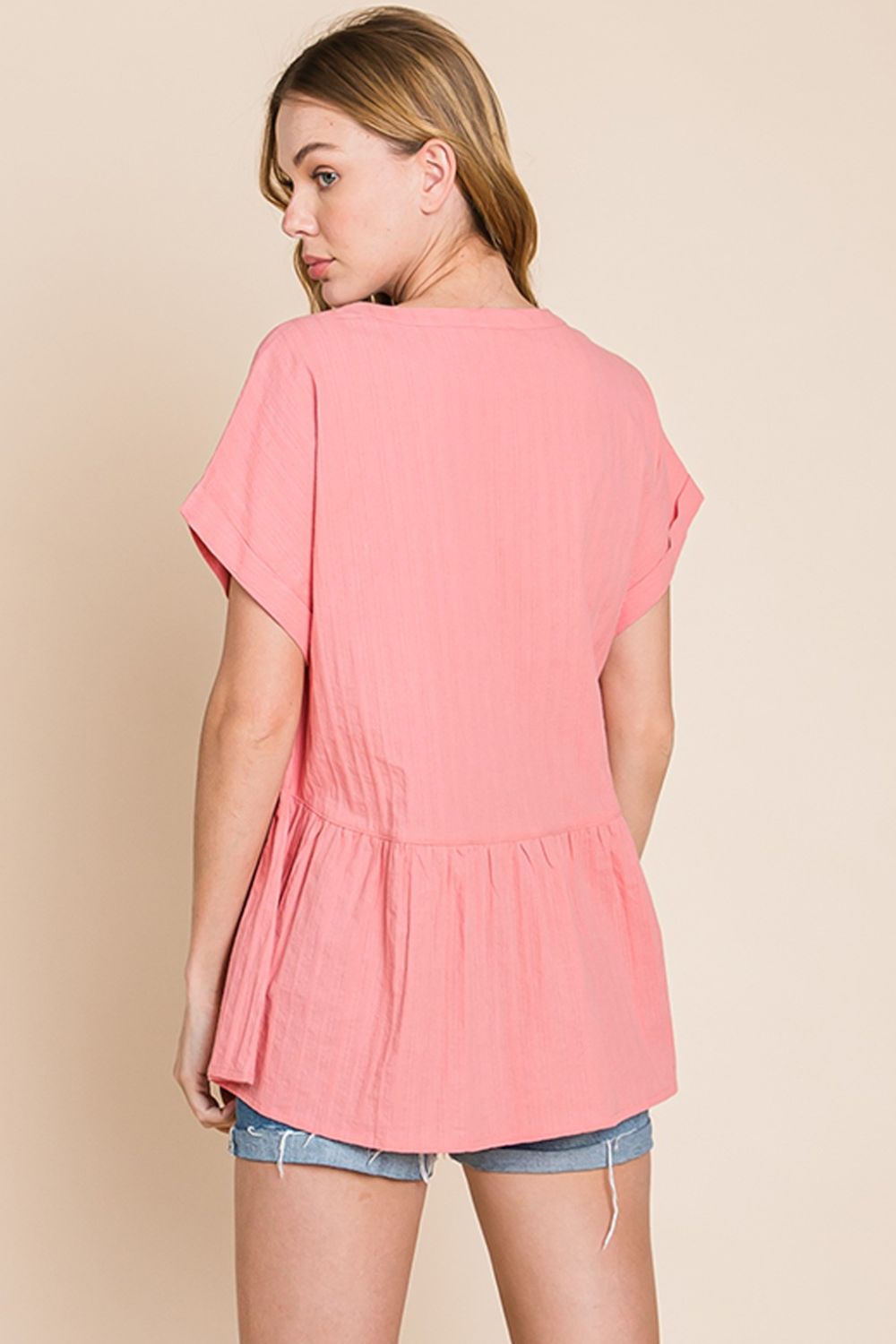 Cotton Bleu by Nu Label Notched Short Sleeve Peplum Top - Top - Coral - Bella Bourget