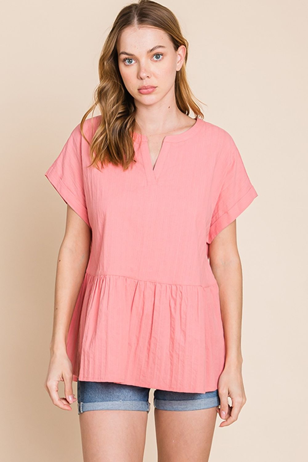 Cotton Bleu by Nu Label Notched Short Sleeve Peplum Top - Top - Coral - Bella Bourget