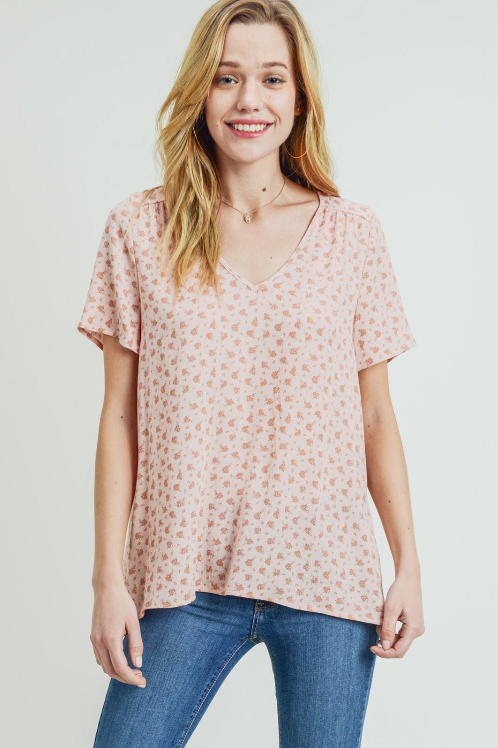 Cotton Bleu by Nu Label Printed V - Neck Short Sleeve T - Shirt - Top - Peach - Bella Bourget