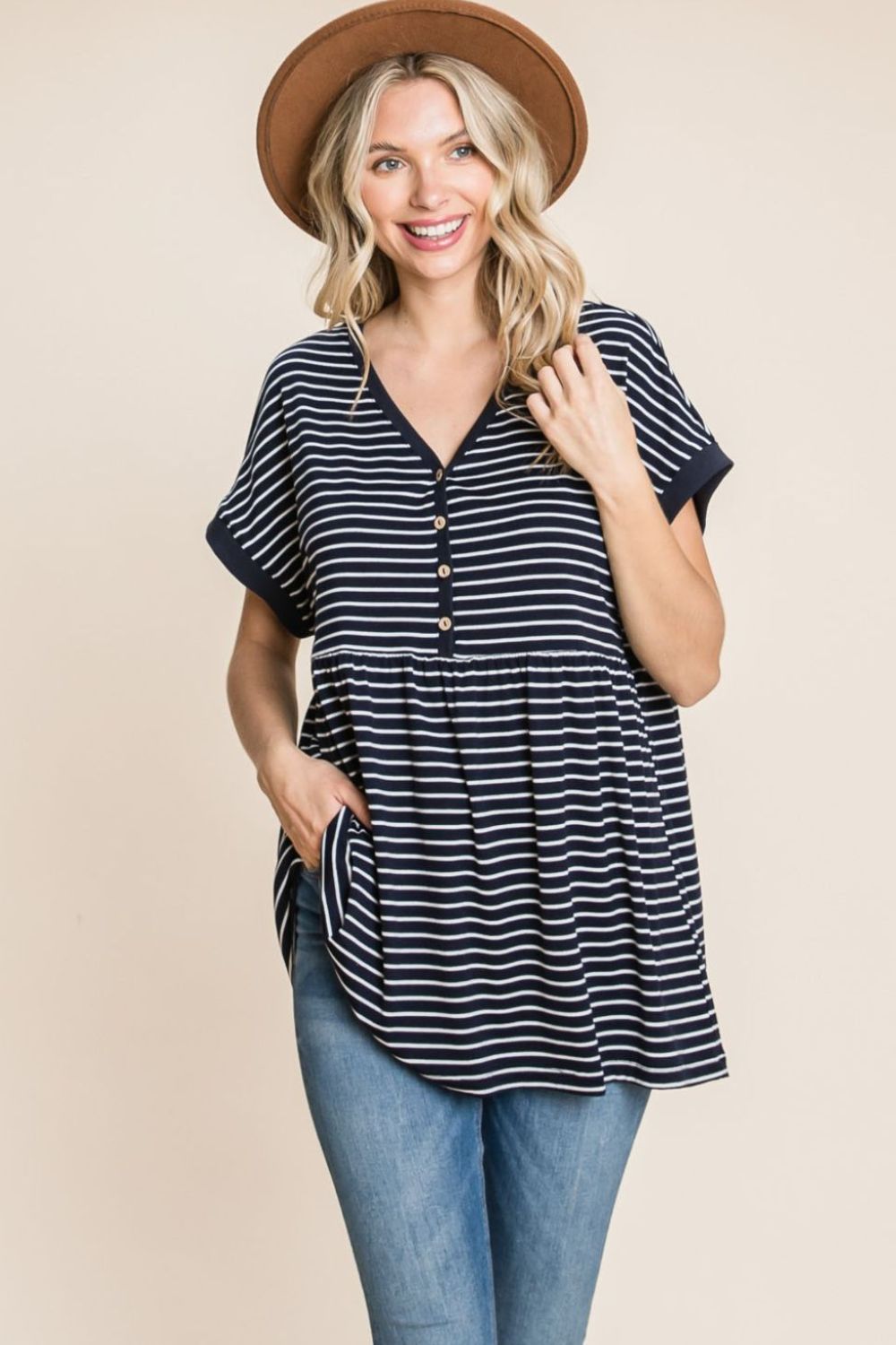 Cotton Bleu by Nu Label Striped Button Front Baby Doll Top - Stripe - Bella Bourget