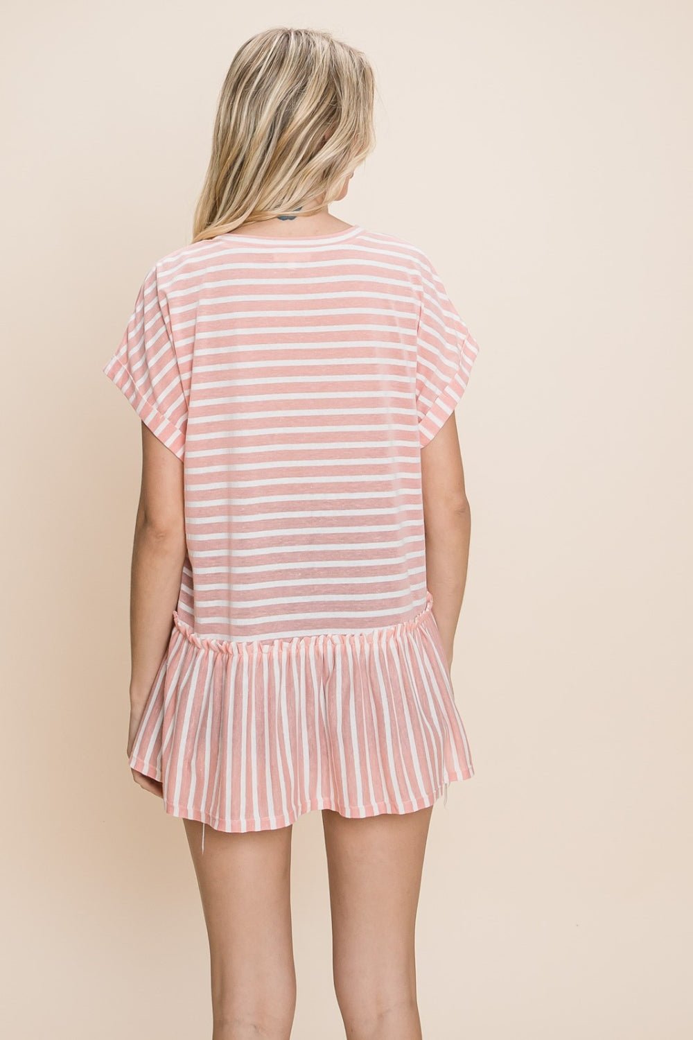 Cotton Bleu by Nu Label Striped Ruffled Short Sleeve Top - Top - Coral - Bella Bourget