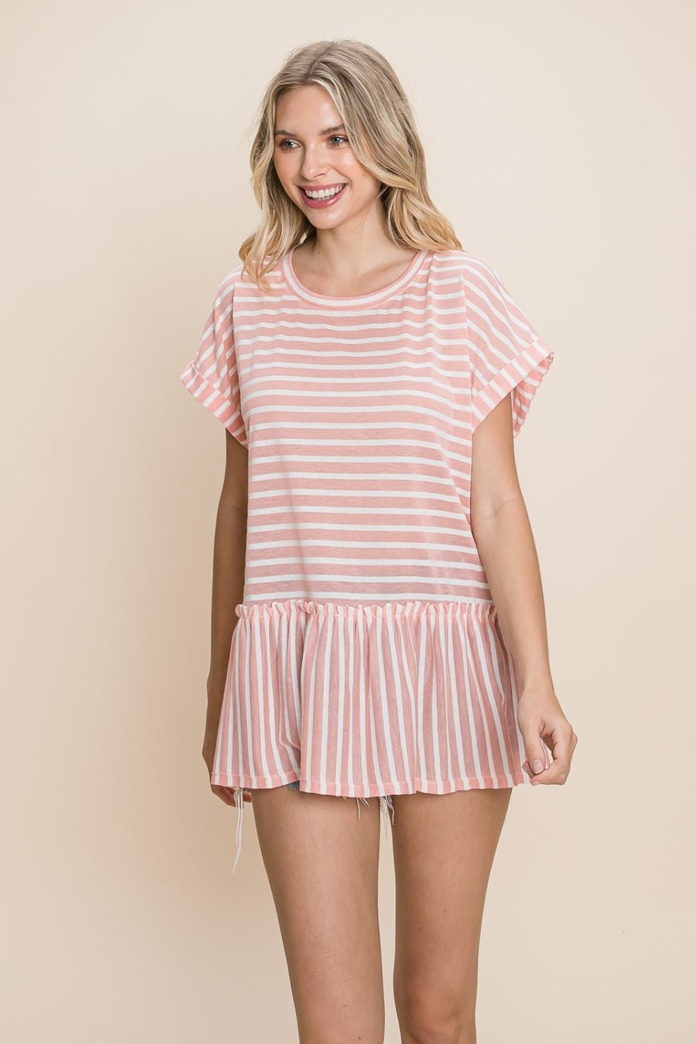 Cotton Bleu by Nu Label Striped Ruffled Short Sleeve Top - Top - Coral - Bella Bourget