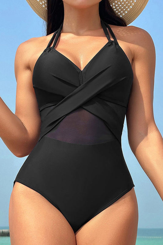 Crisscross Halter Neck One - Piece Swimwear - One - Piece Swimsuit - Black - Bella Bourget
