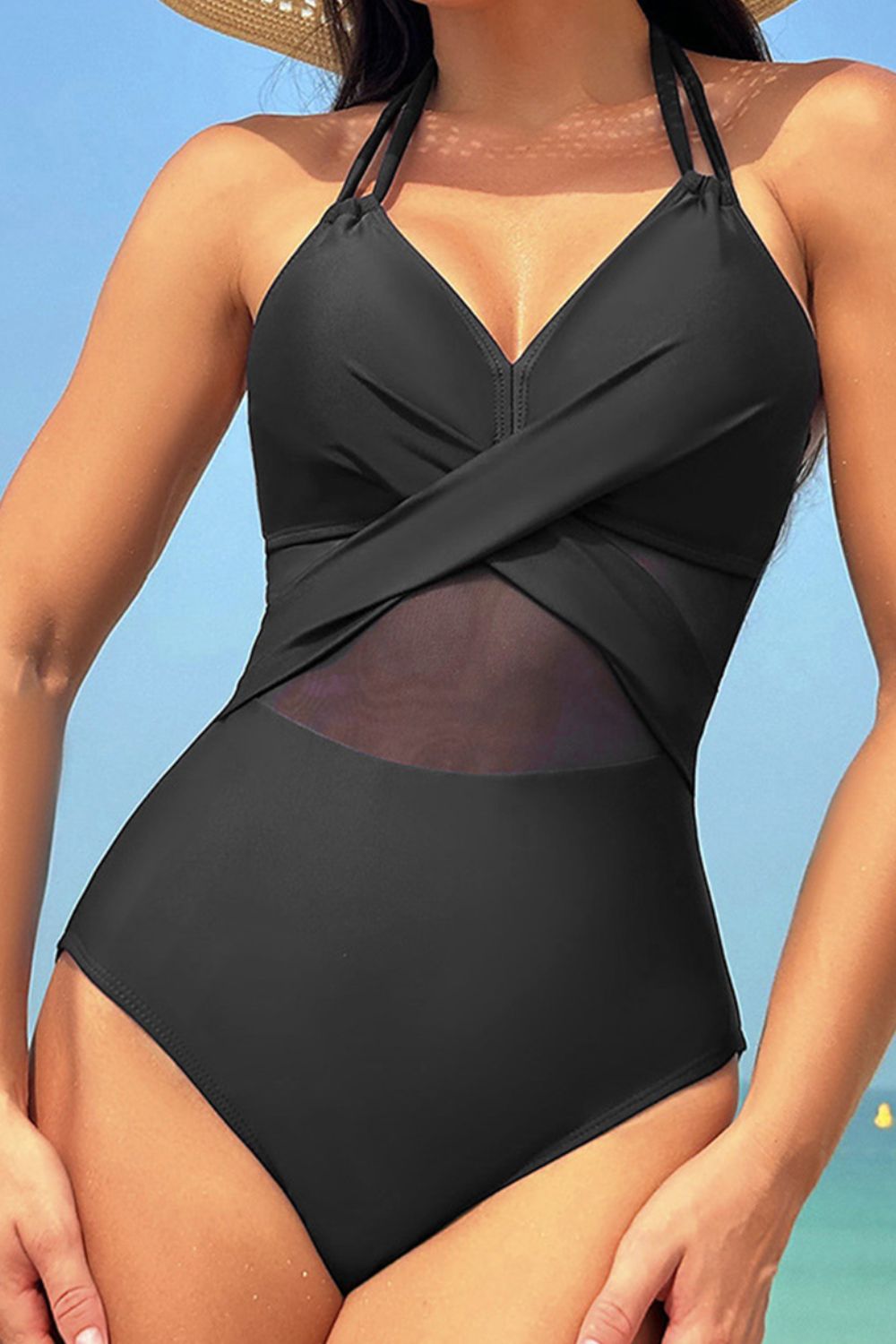 Crisscross Halter Neck One - Piece Swimwear - One - Piece Swimsuit - Black - Bella Bourget