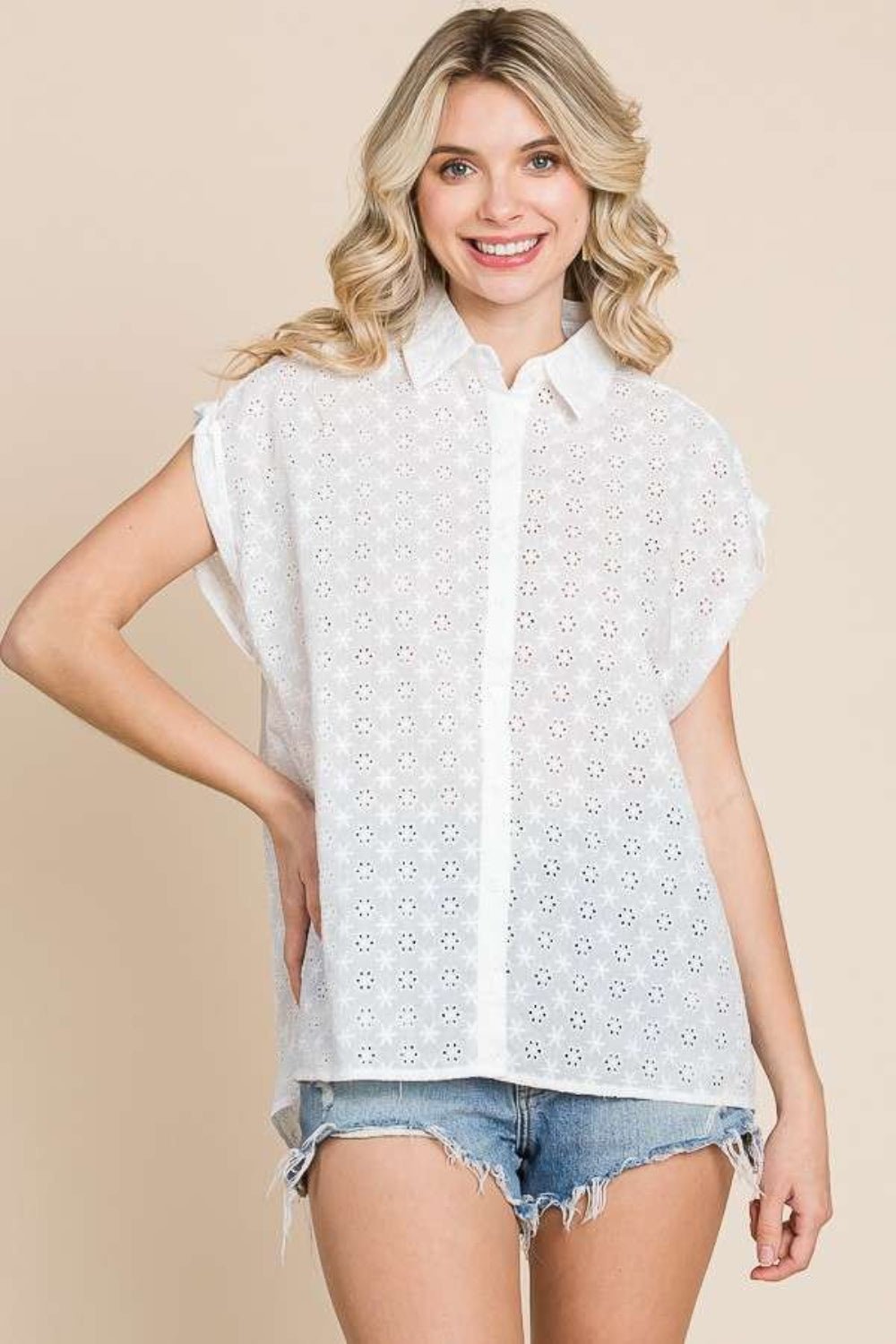 Culture Code Eyelet Crisscross Back Button Up Shirt - Top - SOFTWHITE - Bella Bourget