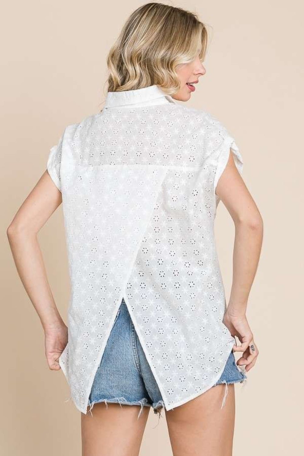 Culture Code Eyelet Crisscross Back Button Up Shirt - Top - SOFTWHITE - Bella Bourget