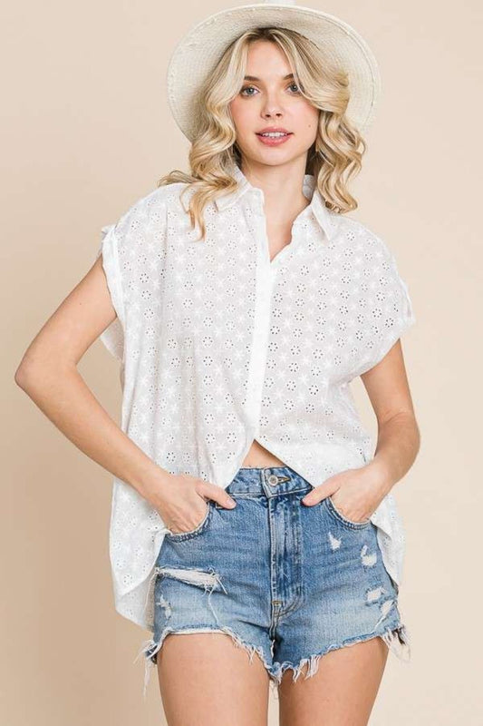 Culture Code Eyelet Crisscross Back Button Up Shirt - Top - SOFTWHITE - Bella Bourget