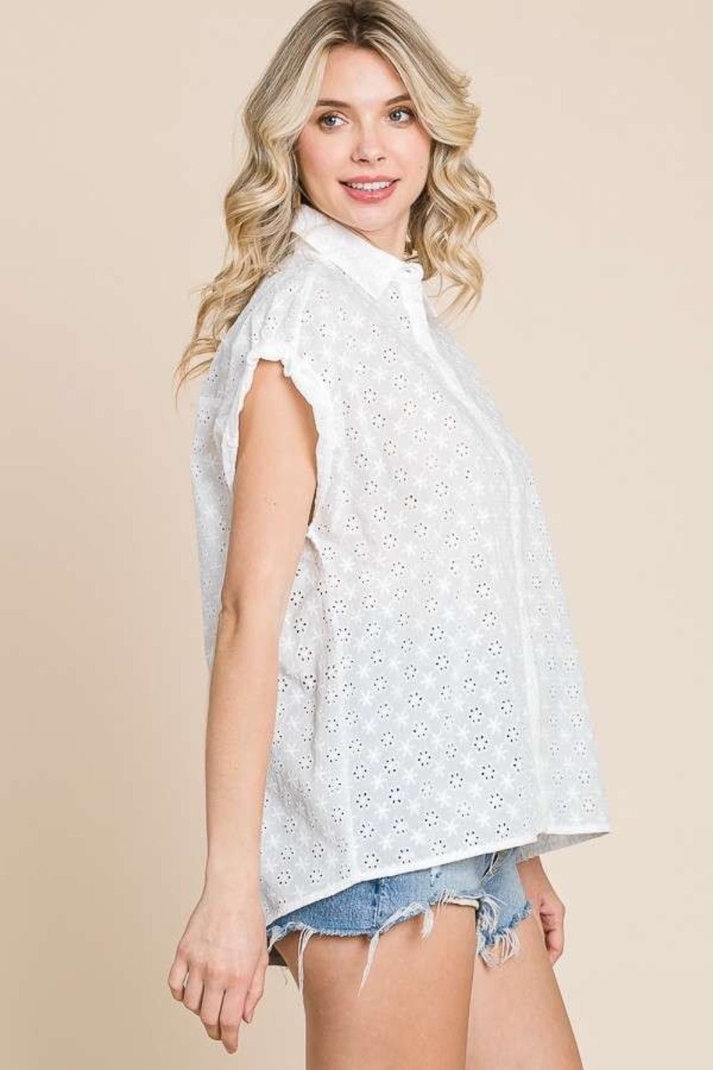 Culture Code Eyelet Crisscross Back Button Up Shirt - Top - SOFTWHITE - Bella Bourget