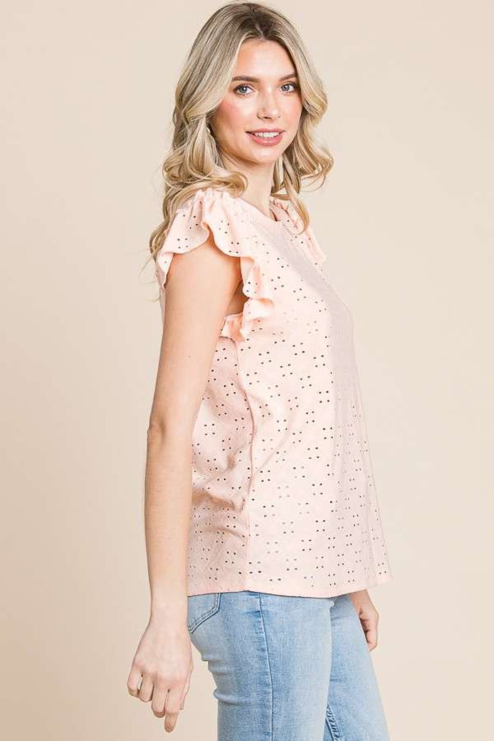 Culture Code Eyelet Round Neck Ruffled Cap Sleeve Top - Top - TROPICALPEACH - Bella Bourget