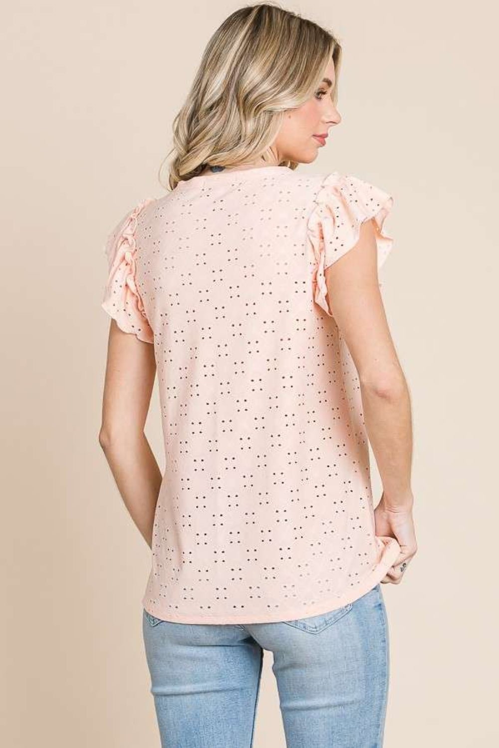 Culture Code Eyelet Round Neck Ruffled Cap Sleeve Top - Top - TROPICALPEACH - Bella Bourget