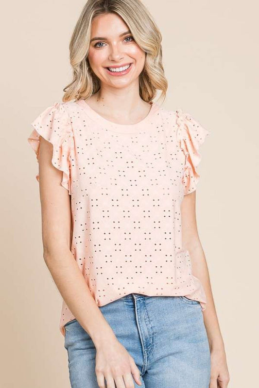 Culture Code Eyelet Round Neck Ruffled Cap Sleeve Top - Top - TROPICALPEACH - Bella Bourget