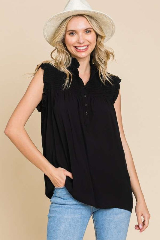 Culture Code Full Size Frill Edge Smocked Sleeveless Top - Top - Black - Bella Bourget