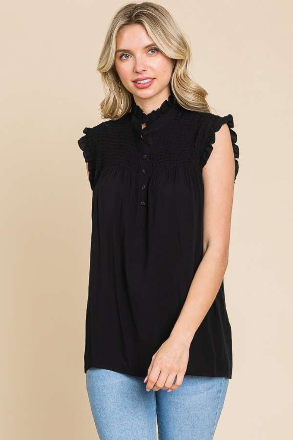 Culture Code Full Size Frill Edge Smocked Sleeveless Top - Top - Black - Bella Bourget