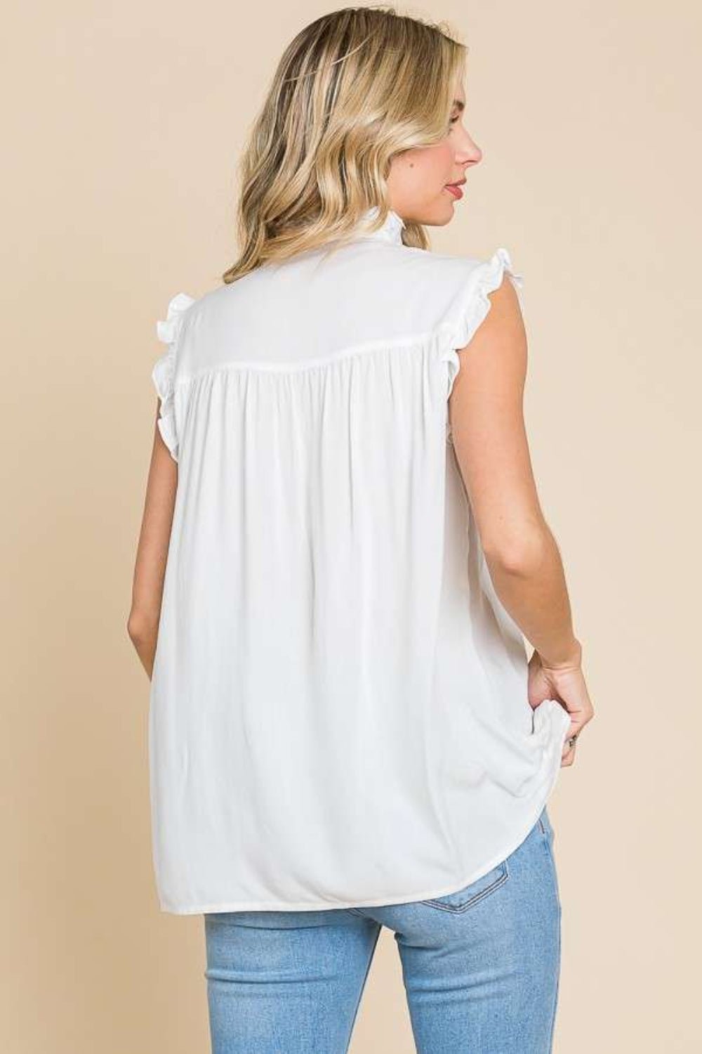 Culture Code Full Size Frill Edge Smocked Sleeveless Top - Top - Soft White - Bella Bourget