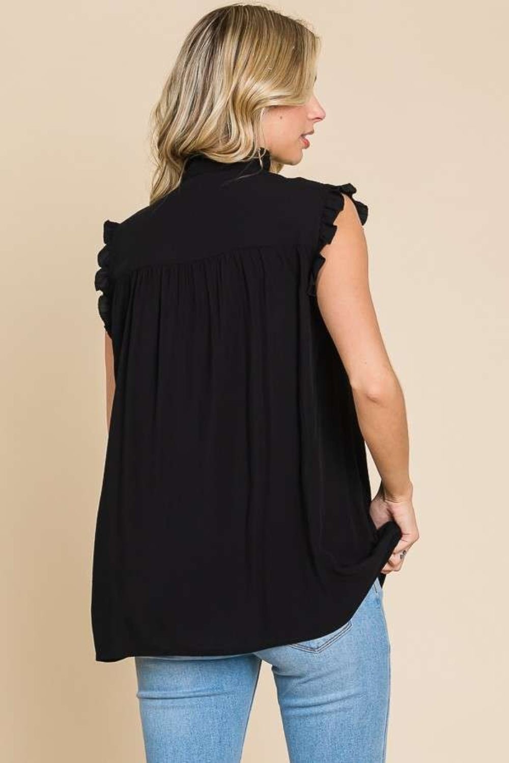 Culture Code Full Size Frill Edge Smocked Sleeveless Top - Top - Black - Bella Bourget