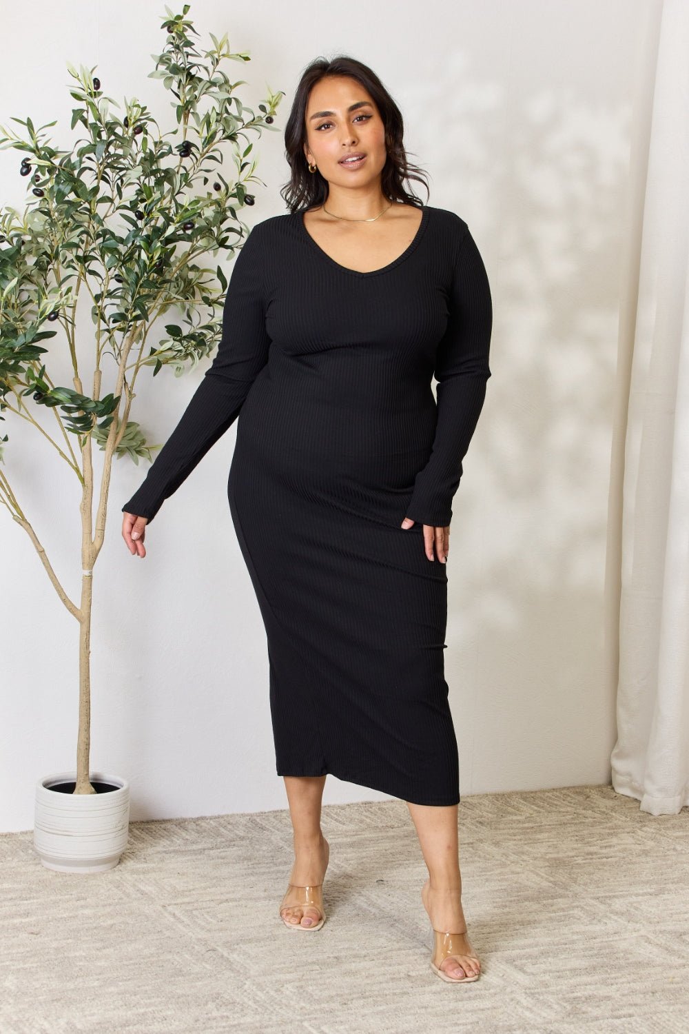 Culture Code Full Size Ribbed Long Sleeve Midi Slit Dress - Dress - Black - Bella Bourget