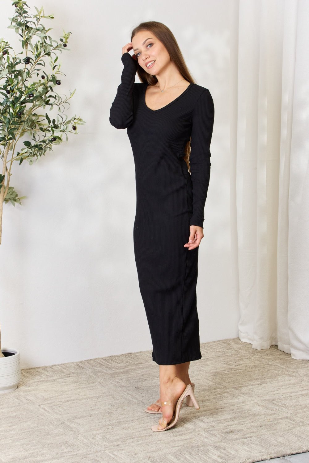 Culture Code Full Size Ribbed Long Sleeve Midi Slit Dress - Dress - Black - Bella Bourget